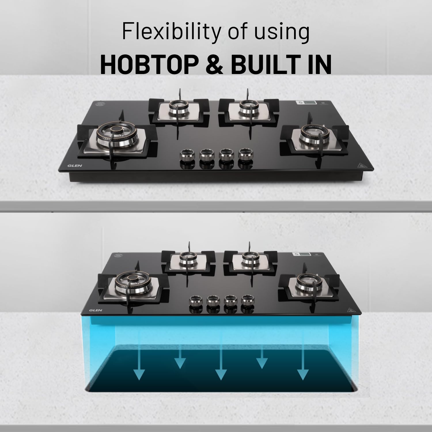 Glen Hob 4 Burner Gas Stove Auto Ignition Built In Hob | 8 MM Toughened Glass Black | Forged brass burners with double-ring Flames | Gas Stove Warranty 2 Years Standard & 5 Years Glass 1094XLSQHTDBTR 