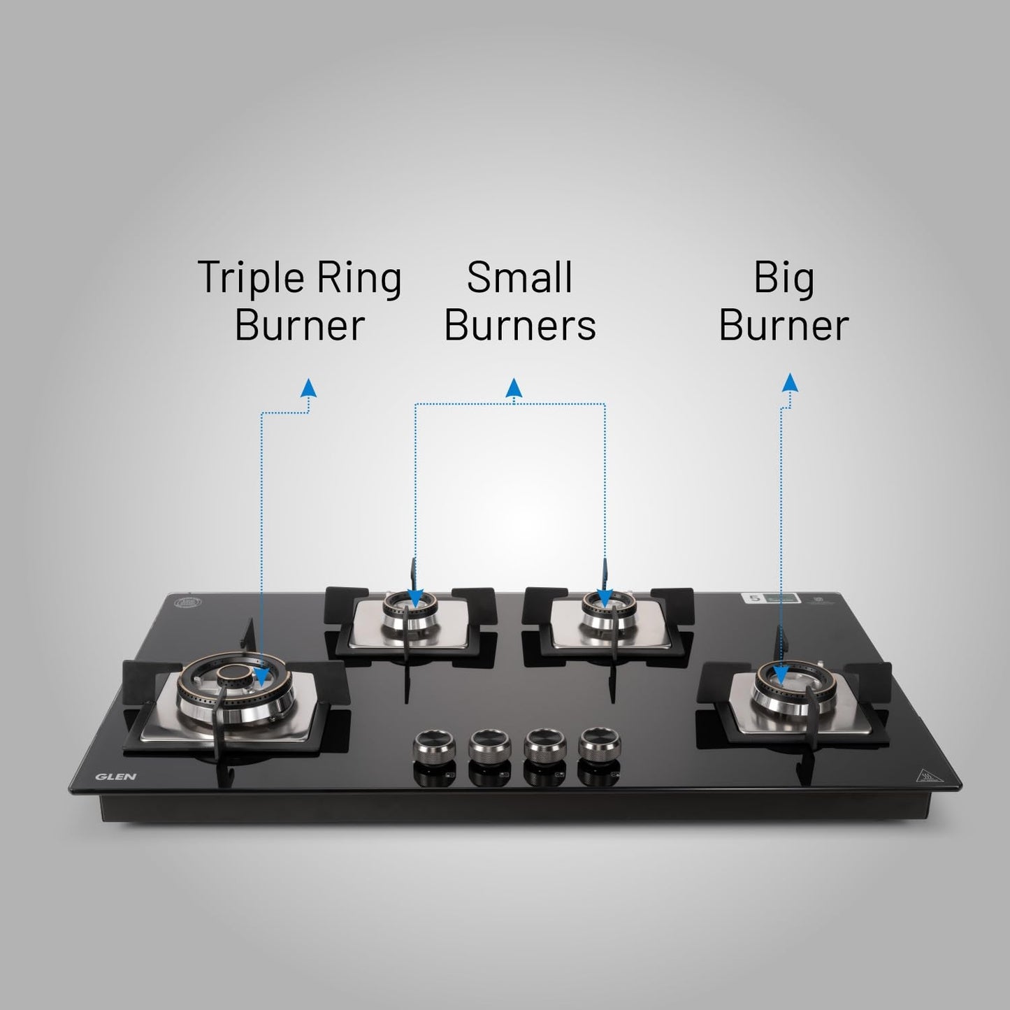 Glen Hob 4 Burner Gas Stove Auto Ignition Built In Hob | 8 MM Toughened Glass Black | Forged brass burners with double-ring Flames | Gas Stove Warranty 2 Years Standard & 5 Years Glass 1094XLSQHTDBTR 