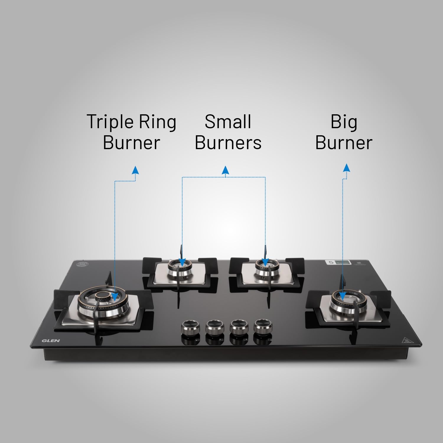 Glen Hob 4 Burner Gas Stove Auto Ignition Built In Hob | 8 MM Toughened Glass Black | Forged brass burners with double-ring Flames | Gas Stove Warranty 2 Years Standard & 5 Years Glass 1094XLSQHTDBTR 