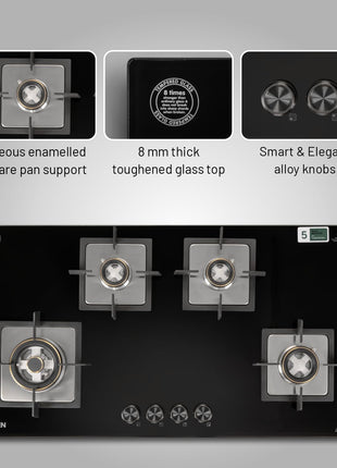 Glen Hob 4 Burner Gas Stove Auto Ignition Built In Hob | 8 MM Toughened Glass Black | Forged brass burners with double-ring Flames | Gas Stove Warranty 2 Years Standard & 5 Years Glass 1094XLSQHTDBTR 