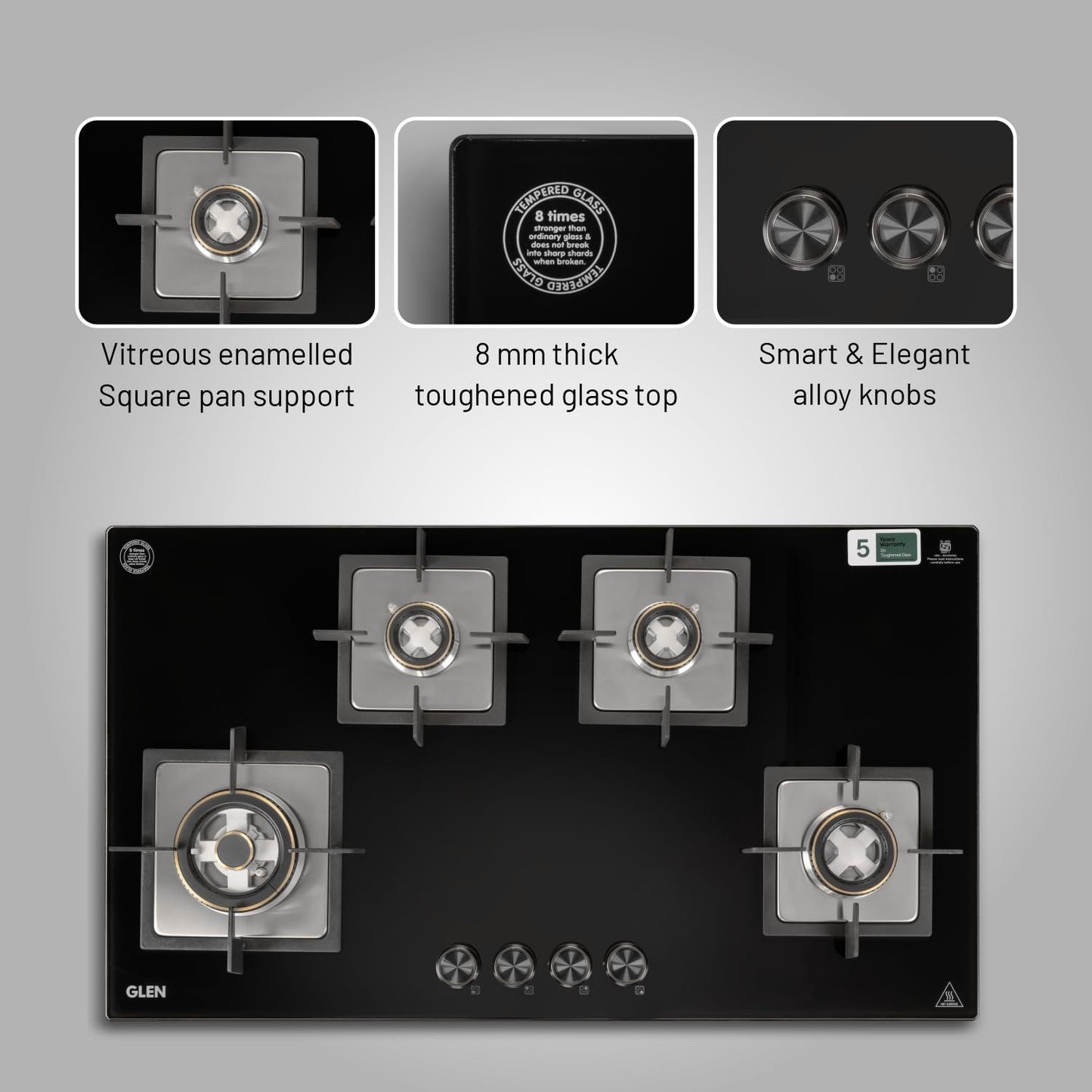 Glen Hob 4 Burner Gas Stove Auto Ignition Built In Hob | 8 MM Toughened Glass Black | Forged brass burners with double-ring Flames | Gas Stove Warranty 2 Years Standard & 5 Years Glass 1094XLSQHTDBTR 