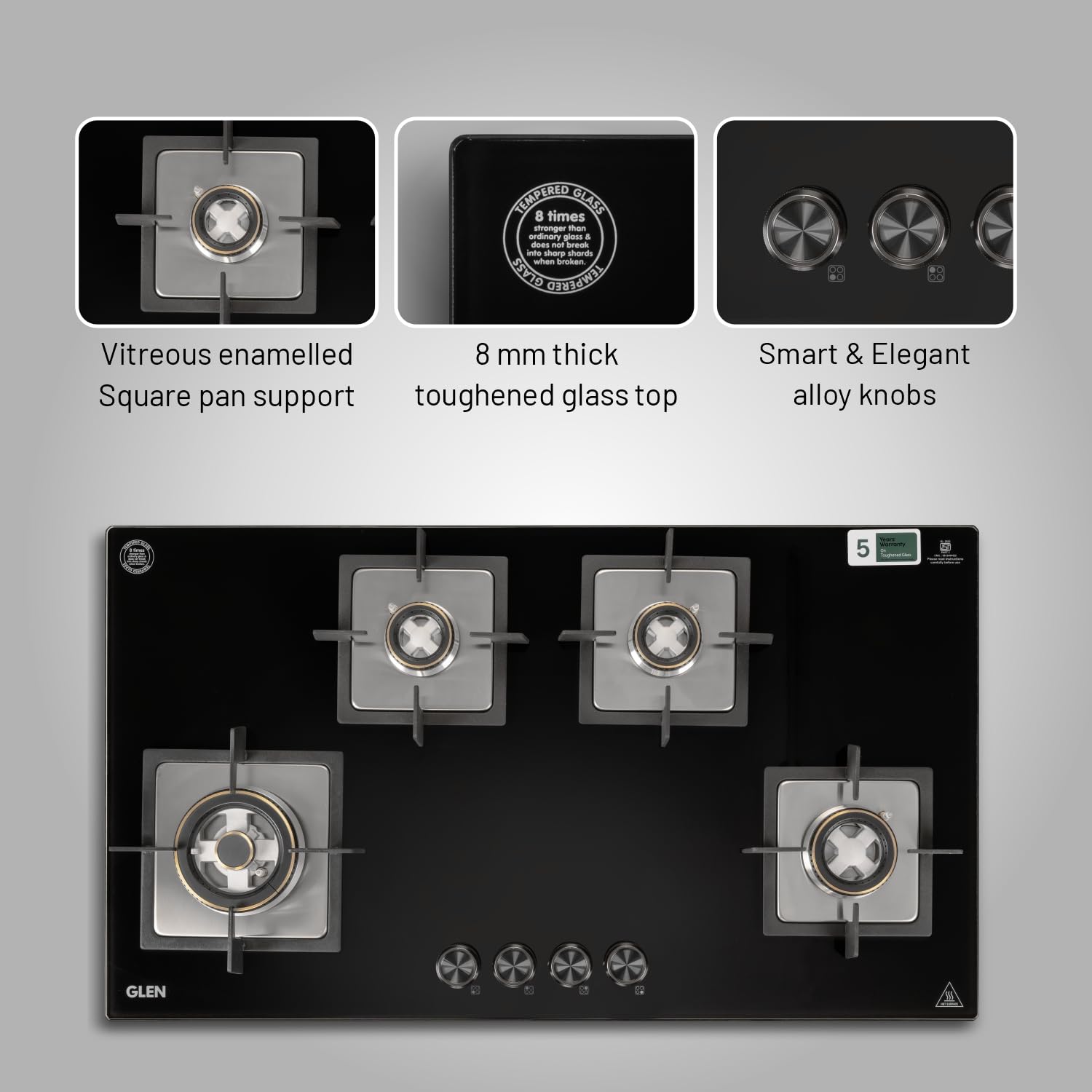 Glen Hob 4 Burner Gas Stove Auto Ignition Built In Hob | 8 MM Toughened Glass Black | Forged brass burners with double-ring Flames | Gas Stove Warranty 2 Years Standard & 5 Years Glass 1094XLSQHTDBTR 