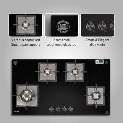 Glen Hob 4 Burner Gas Stove Auto Ignition Built In Hob | 8 MM Toughened Glass Black | Forged brass burners with double-ring Flames | Gas Stove Warranty 2 Years Standard & 5 Years Glass 1094XLSQHTDBTR 