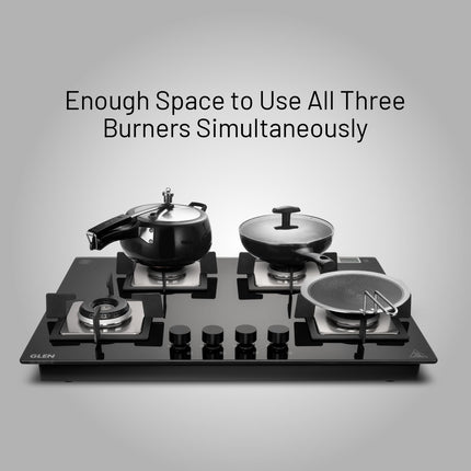 Glen Hob 4 Burner Gas Stove Hob Top | Built-In Hob Auto Ignition | 8 MM Thick Toughened Glass Black | Italian Burner with Double Ring Flame |Gas Stove 4 Burner Warranty 2 Years Standard 1074SQHTIN70 