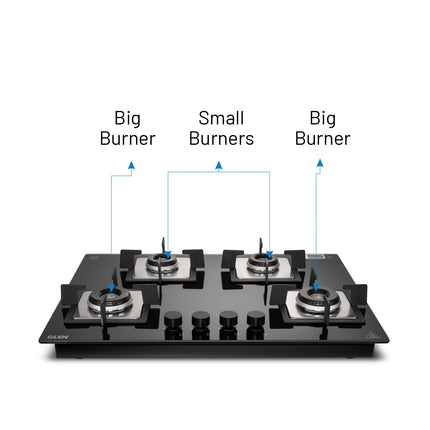Glen Hob 4 Burner Gas Stove Hob Top | Built-In Hob Auto Ignition | 8 MM Thick Toughened Glass Black | Italian Burner with Double Ring Flame |Gas Stove 4 Burner Warranty 2 Years Standard 1074SQHTIN70 