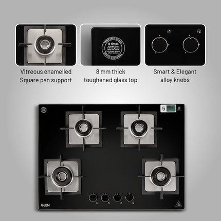 Glen Hob 4 Burner Gas Stove Hob Top | Built-In Hob Auto Ignition | 8 MM Thick Toughened Glass Black | Italian Burner with Double Ring Flame |Gas Stove 4 Burner Warranty 2 Years Standard 1074SQHTIN70 