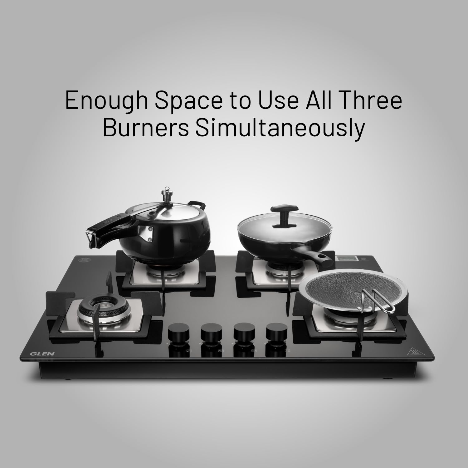 Glen Hob 4 Burner Gas Stove Hob Top | Built-In Hob Auto Ignition | 8 MM Thick Toughened Glass Black | Italian Burner with Double Ring Flame |Gas Stove 4 Burner Warranty 2 Years Standard 1074SQHTIN70 