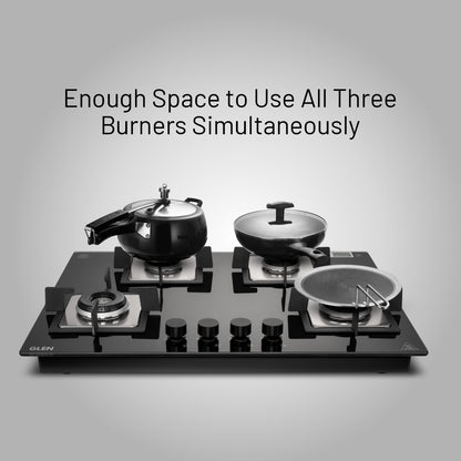 Glen Hob 4 Burner Gas Stove Hob Top | Built-In Hob Auto Ignition | 8 MM Thick Toughened Glass Black | Italian Burner with Double Ring Flame |Gas Stove 4 Burner Warranty 2 Years Standard 1074SQHTIN70 