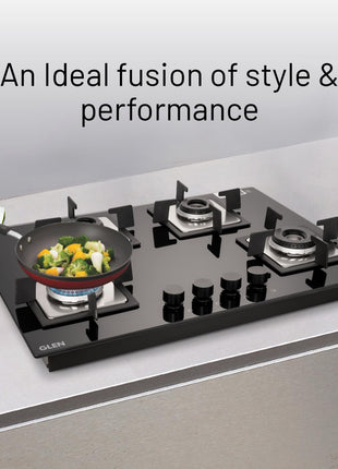 Glen Hob 4 Burner Gas Stove Hob Top | Built-In Hob Auto Ignition | 8 MM Thick Toughened Glass Black | Italian Burner with Double Ring Flame |Gas Stove 4 Burner Warranty 2 Years Standard 1074SQHTIN70 
