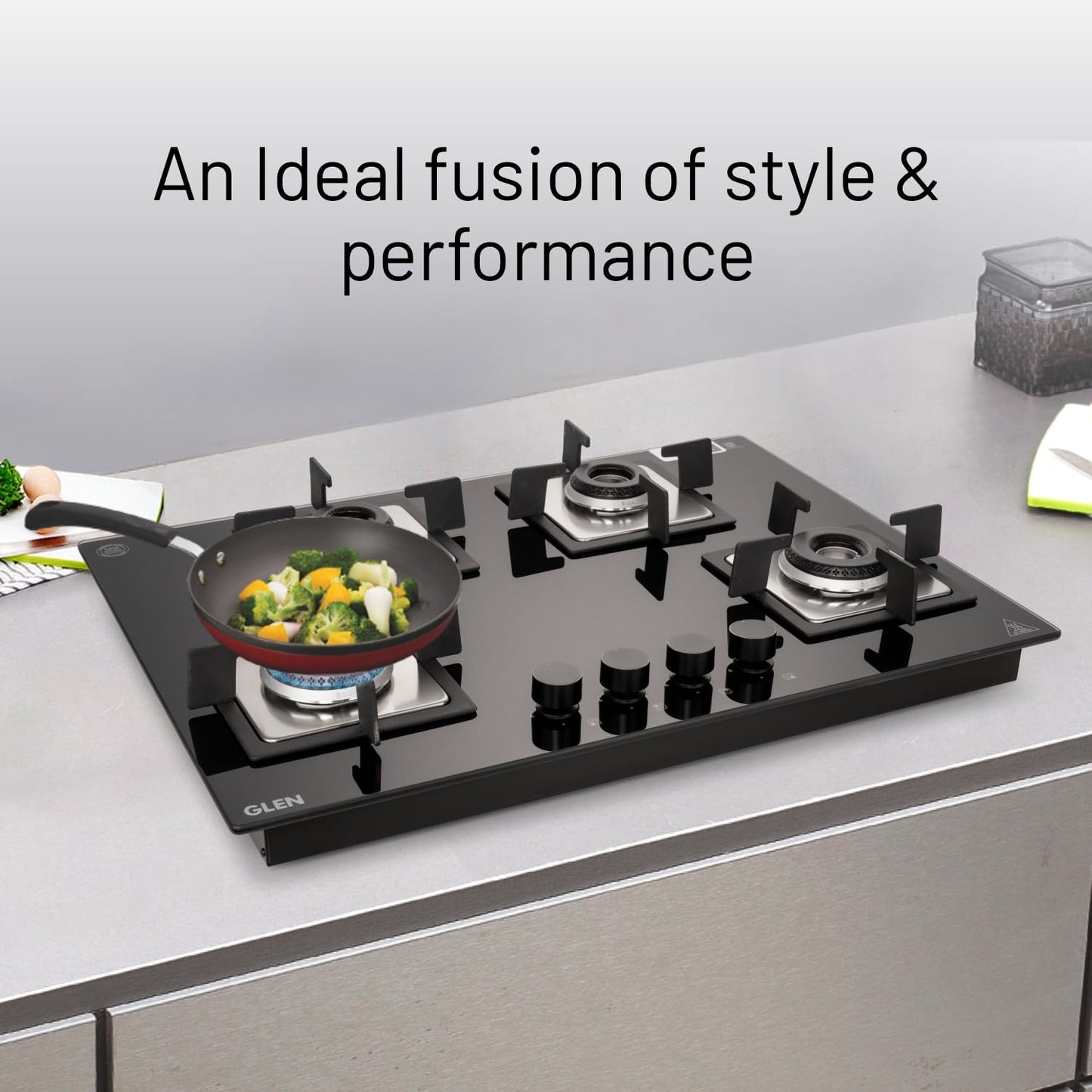 Glen Hob 4 Burner Gas Stove Hob Top | Built-In Hob Auto Ignition | 8 MM Thick Toughened Glass Black | Italian Burner with Double Ring Flame |Gas Stove 4 Burner Warranty 2 Years Standard 1074SQHTIN70 