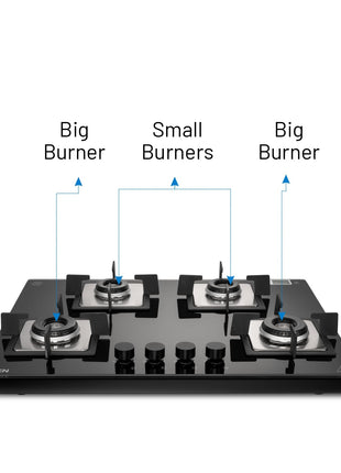 Glen Hob 4 Burner Gas Stove Hob Top | Built-In Hob Auto Ignition | 8 MM Thick Toughened Glass Black | Italian Burner with Double Ring Flame |Gas Stove 4 Burner Warranty 2 Years Standard 1074SQHTIN70 