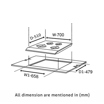Glen Hob 4 Burner Gas Stove Hob Top | Built-In Hob Auto Ignition | 8 MM Thick Toughened Glass Black | Italian Burner with Double Ring Flame |Gas Stove 4 Burner Warranty 2 Years Standard 1074SQHTIN70 