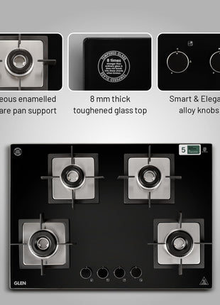Glen Hob 4 Burner Gas Stove Hob Top | Built-In Hob Auto Ignition | 8 MM Thick Toughened Glass Black | Italian Burner with Double Ring Flame |Gas Stove 4 Burner Warranty 2 Years Standard 1074SQHTIN70 