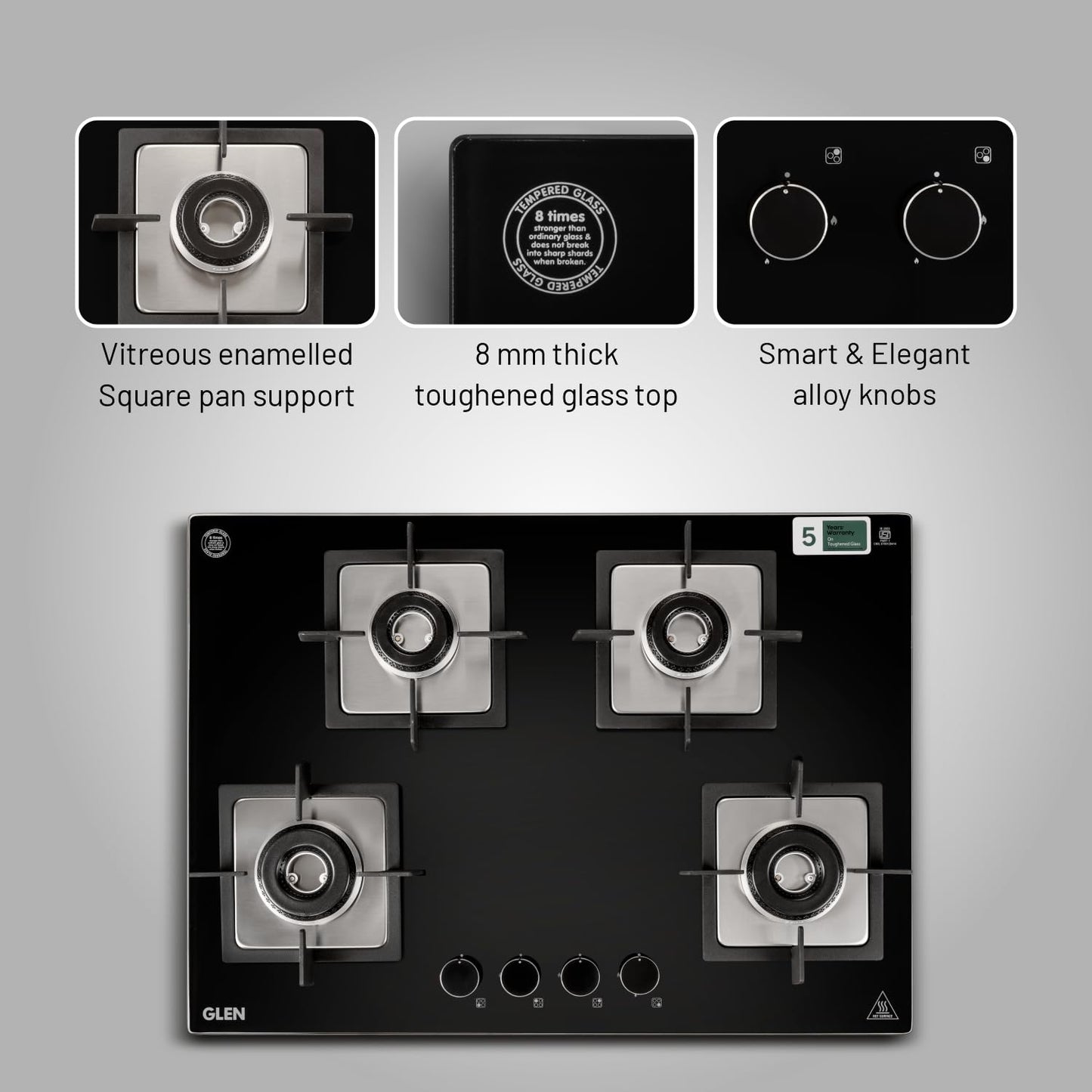 Glen Hob 4 Burner Gas Stove Hob Top | Built-In Hob Auto Ignition | 8 MM Thick Toughened Glass Black | Italian Burner with Double Ring Flame |Gas Stove 4 Burner Warranty 2 Years Standard 1074SQHTIN70 