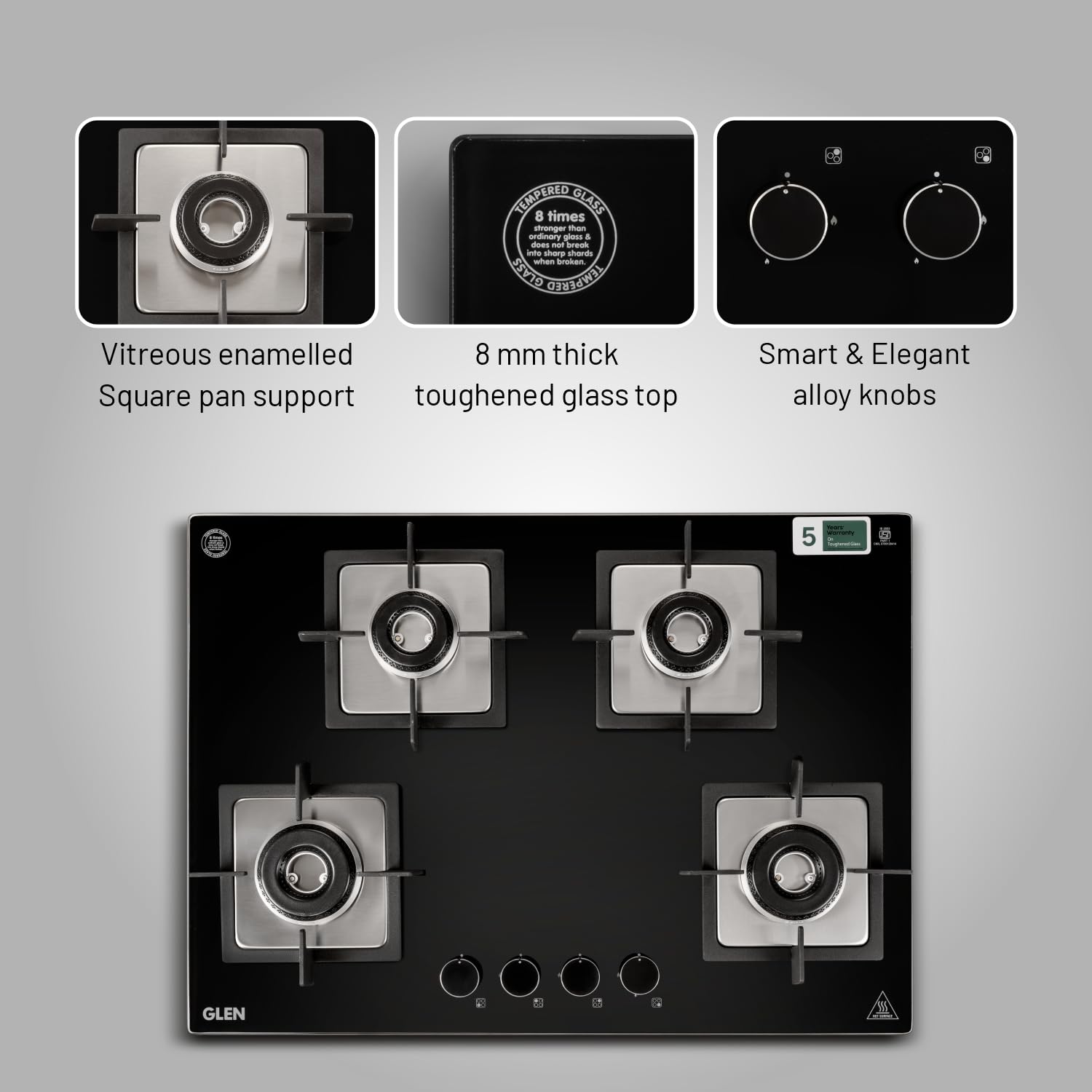 Glen Hob 4 Burner Gas Stove Hob Top | Built-In Hob Auto Ignition | 8 MM Thick Toughened Glass Black | Italian Burner with Double Ring Flame |Gas Stove 4 Burner Warranty 2 Years Standard 1074SQHTIN70 
