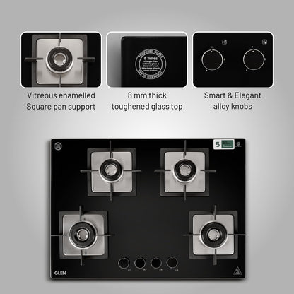 Glen Hob 4 Burner Gas Stove Hob Top | Built-In Hob Auto Ignition | 8 MM Thick Toughened Glass Black | Italian Burner with Double Ring Flame |Gas Stove 4 Burner Warranty 2 Years Standard 1074SQHTIN70 