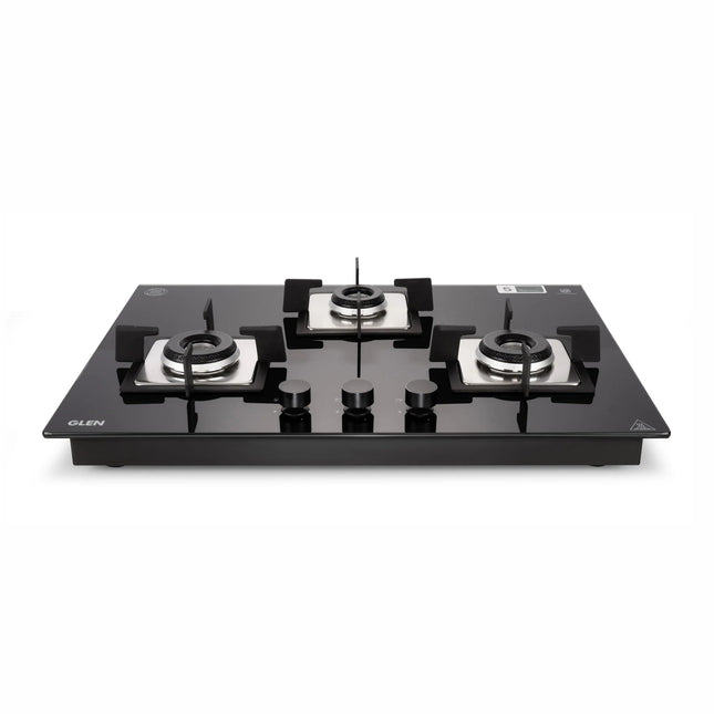 Glen Hob Top 3 Burner Built In Hob In Glass Hob Gas Stove 3 Burner Auto Ignition | 8 MM Toughened Glass | Italian Burner with Double Ring Flame Warranty 2 Years Standard (1073 SQ HT IN 70) 