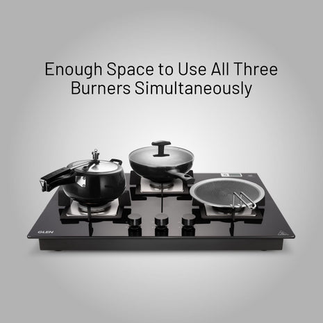 Glen Hob Top 3 Burner Built In Hob In Glass Hob Gas Stove 3 Burner Auto Ignition | 8 MM Toughened Glass | Italian Burner with Double Ring Flame Warranty 2 Years Standard (1073 SQ HT IN 70) 