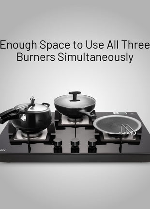 Glen Hob Top 3 Burner Built In Hob In Glass Hob Gas Stove 3 Burner Auto Ignition | 8 MM Toughened Glass | Italian Burner with Double Ring Flame Warranty 2 Years Standard (1073 SQ HT IN 70) 