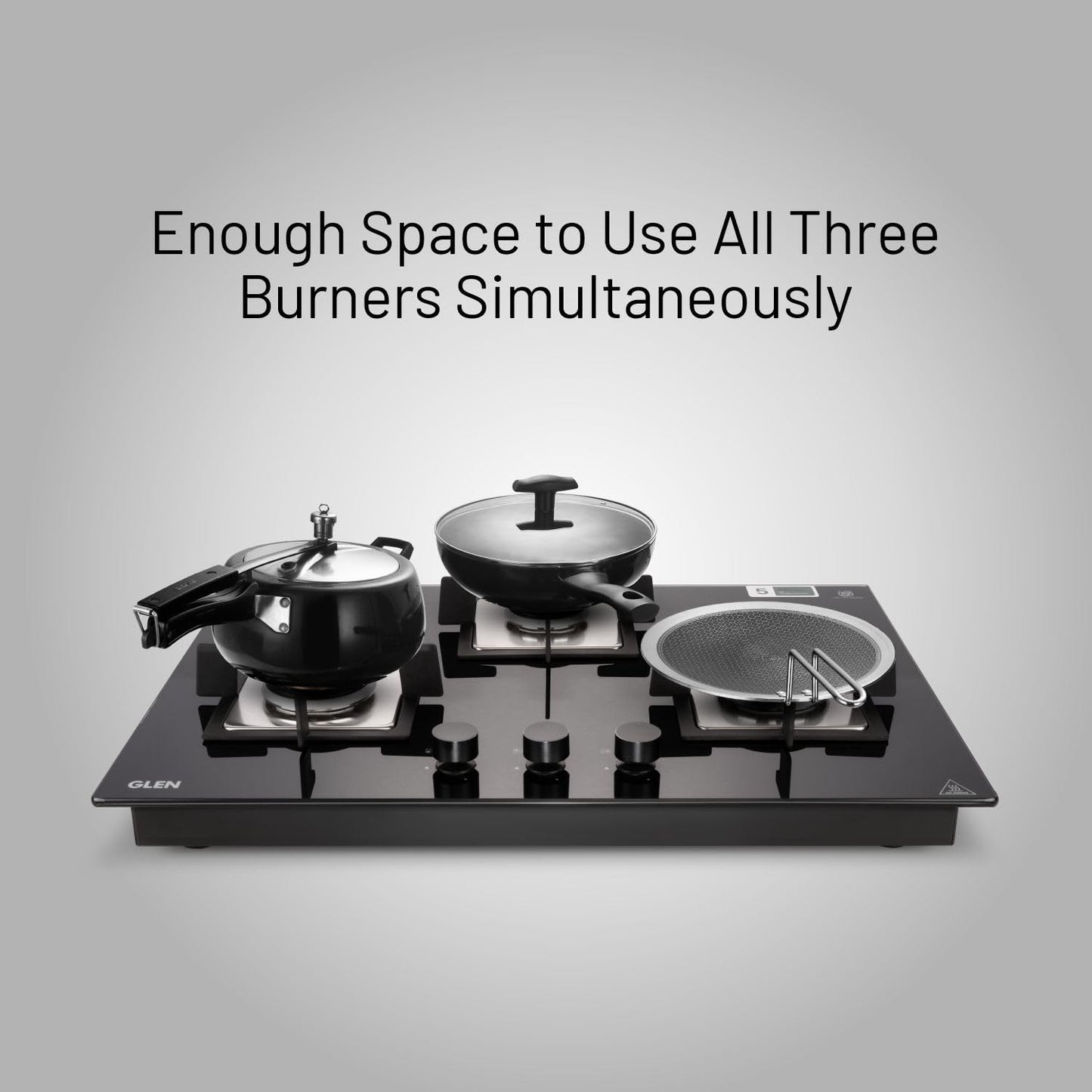 Glen Hob Top 3 Burner Built In Hob In Glass Hob Gas Stove 3 Burner Auto Ignition | 8 MM Toughened Glass | Italian Burner with Double Ring Flame Warranty 2 Years Standard (1073 SQ HT IN 70) 