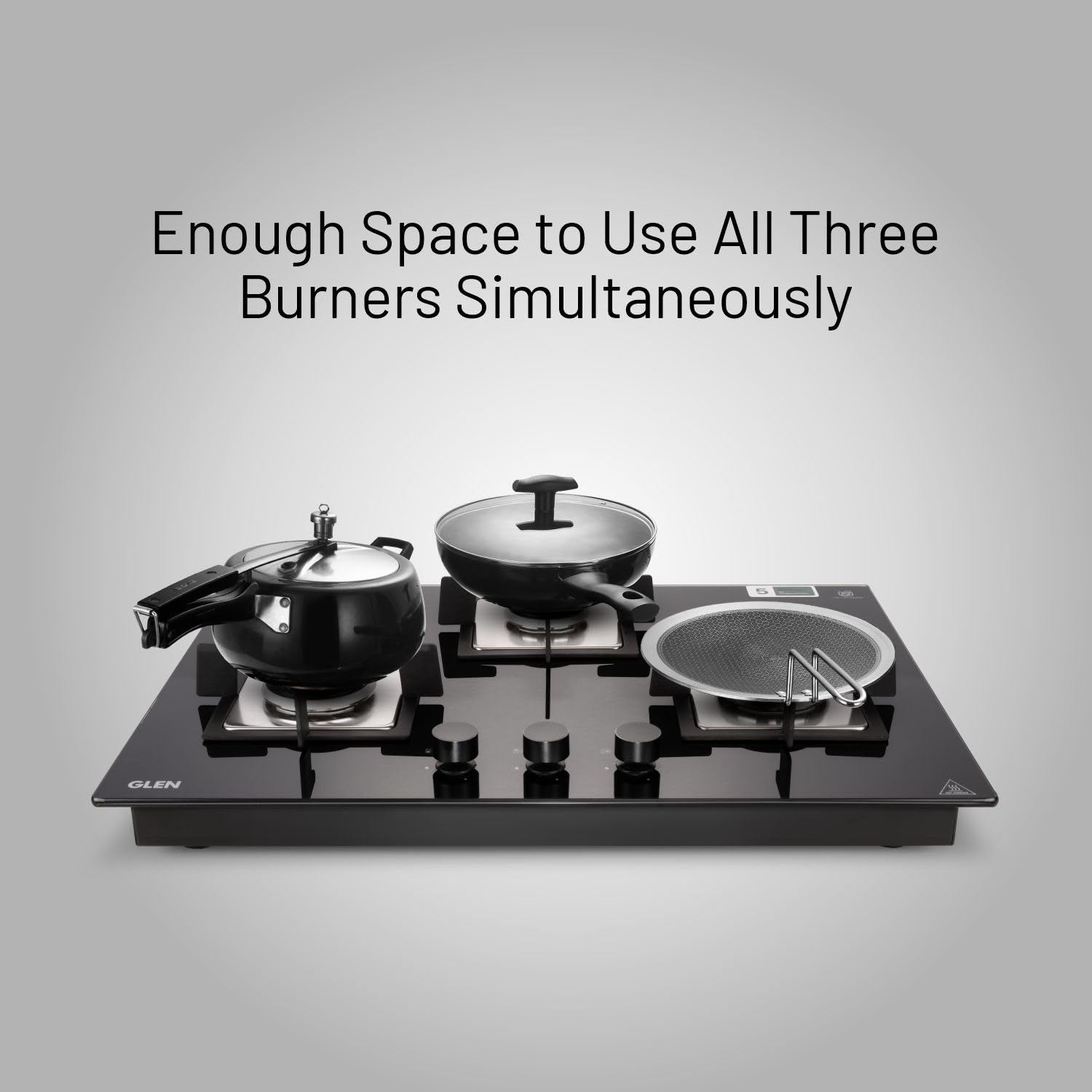 Glen Hob Top 3 Burner Built In Hob In Glass Hob Gas Stove 3 Burner Auto Ignition | 8 MM Toughened Glass | Italian Burner with Double Ring Flame Warranty 2 Years Standard (1073 SQ HT IN 70) 