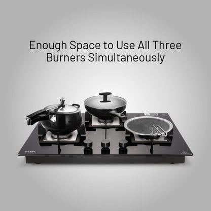 Glen Hob Top 3 Burner Built In Hob In Glass Hob Gas Stove 3 Burner Auto Ignition | 8 MM Toughened Glass | Italian Burner with Double Ring Flame Warranty 2 Years Standard (1073 SQ HT IN 70) 