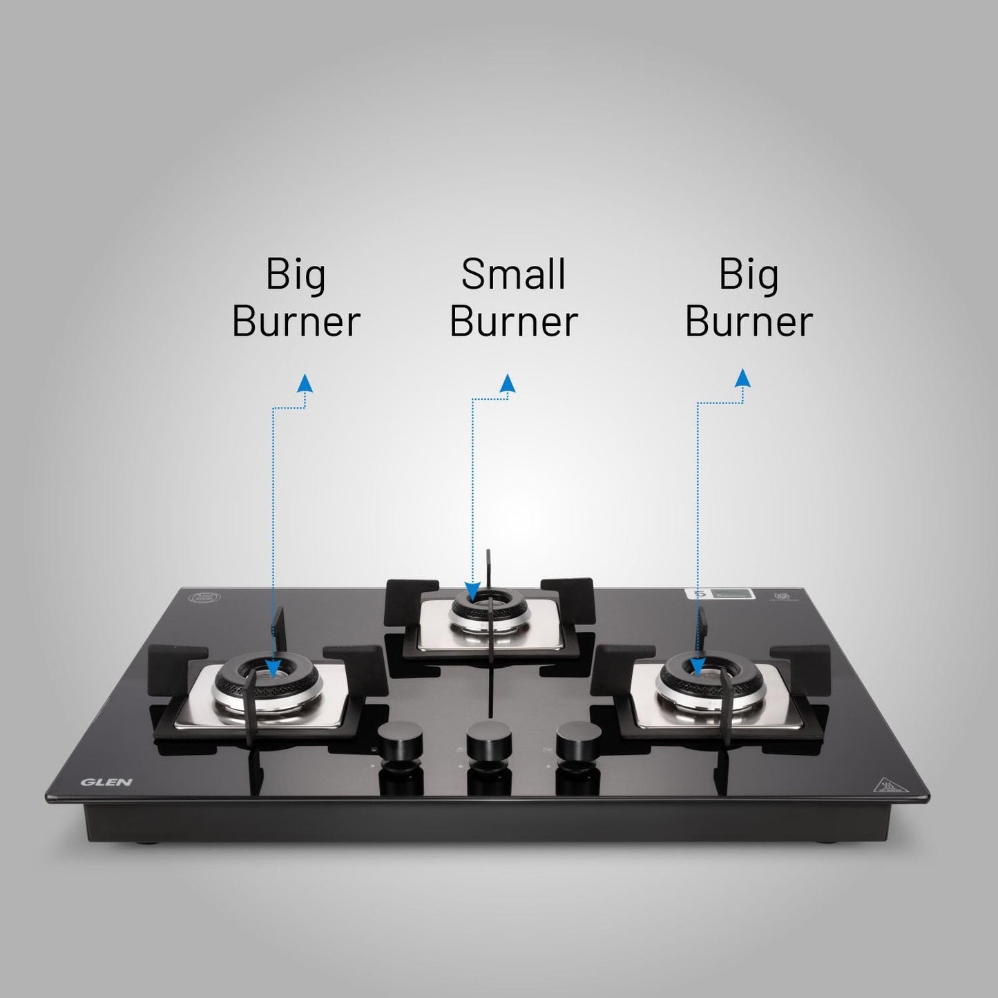 Glen Hob Top 3 Burner Built In Hob In Glass Hob Gas Stove 3 Burner Auto Ignition | 8 MM Toughened Glass | Italian Burner with Double Ring Flame Warranty 2 Years Standard (1073 SQ HT IN 70) 