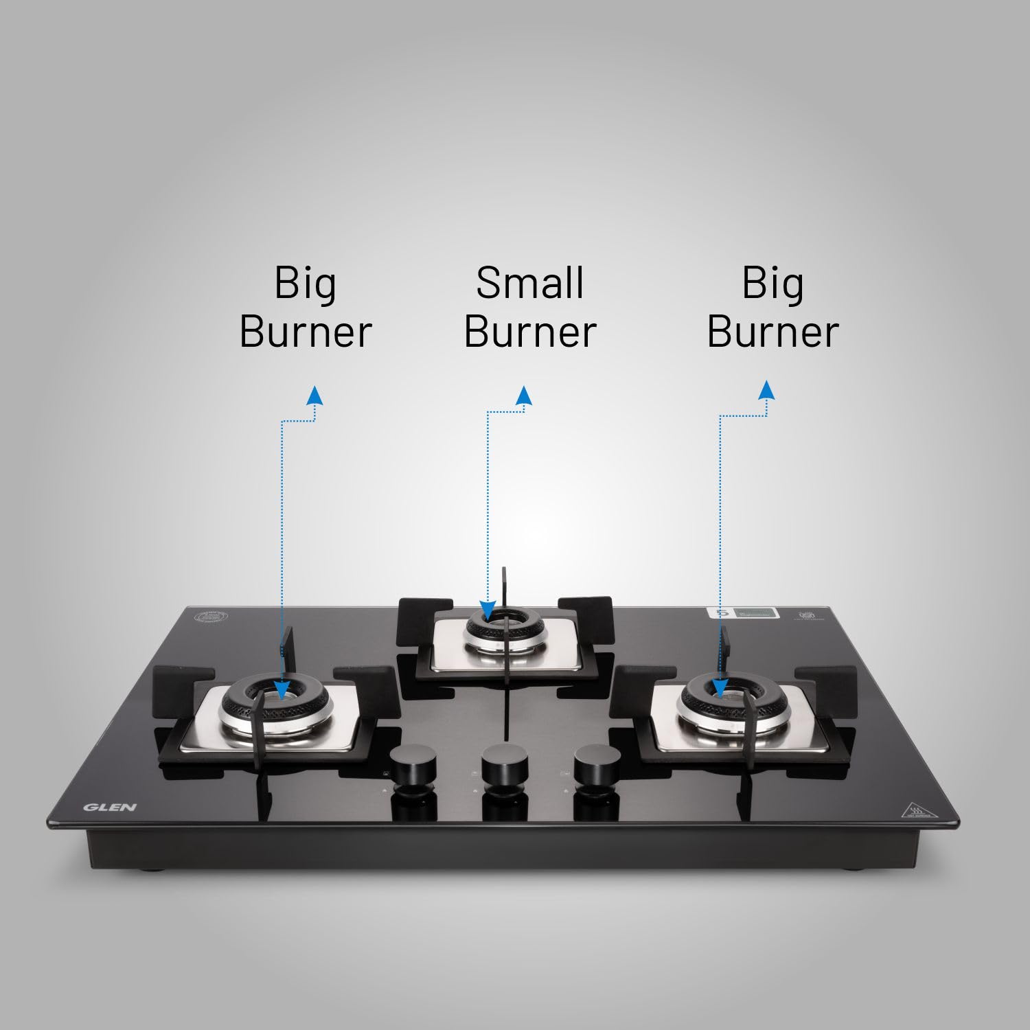 Glen Hob Top 3 Burner Built In Hob In Glass Hob Gas Stove 3 Burner Auto Ignition | 8 MM Toughened Glass | Italian Burner with Double Ring Flame Warranty 2 Years Standard (1073 SQ HT IN 70) 