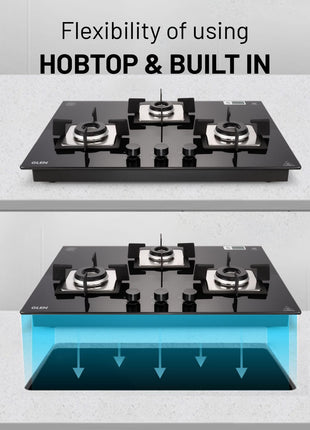 Glen Hob Top 3 Burner Built In Hob In Glass Hob Gas Stove 3 Burner Auto Ignition | 8 MM Toughened Glass | Italian Burner with Double Ring Flame Warranty 2 Years Standard (1073 SQ HT IN 70) 