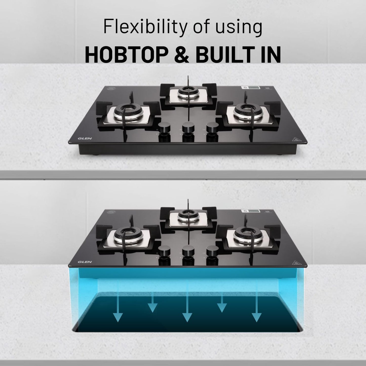 Glen Hob Top 3 Burner Built In Hob In Glass Hob Gas Stove 3 Burner Auto Ignition | 8 MM Toughened Glass | Italian Burner with Double Ring Flame Warranty 2 Years Standard (1073 SQ HT IN 70) 