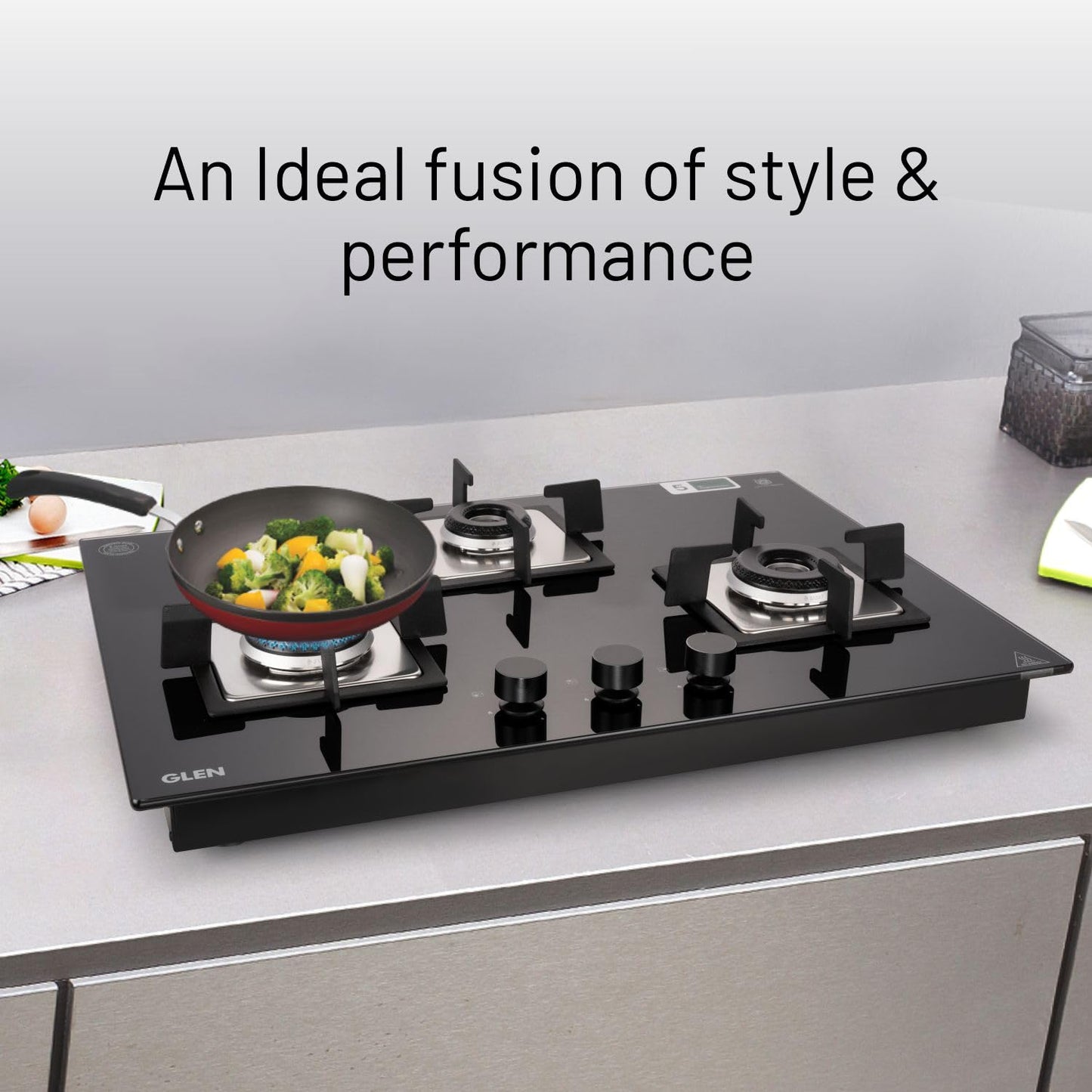 Glen Hob Top 3 Burner Built In Hob In Glass Hob Gas Stove 3 Burner Auto Ignition | 8 MM Toughened Glass | Italian Burner with Double Ring Flame Warranty 2 Years Standard (1073 SQ HT IN 70) 