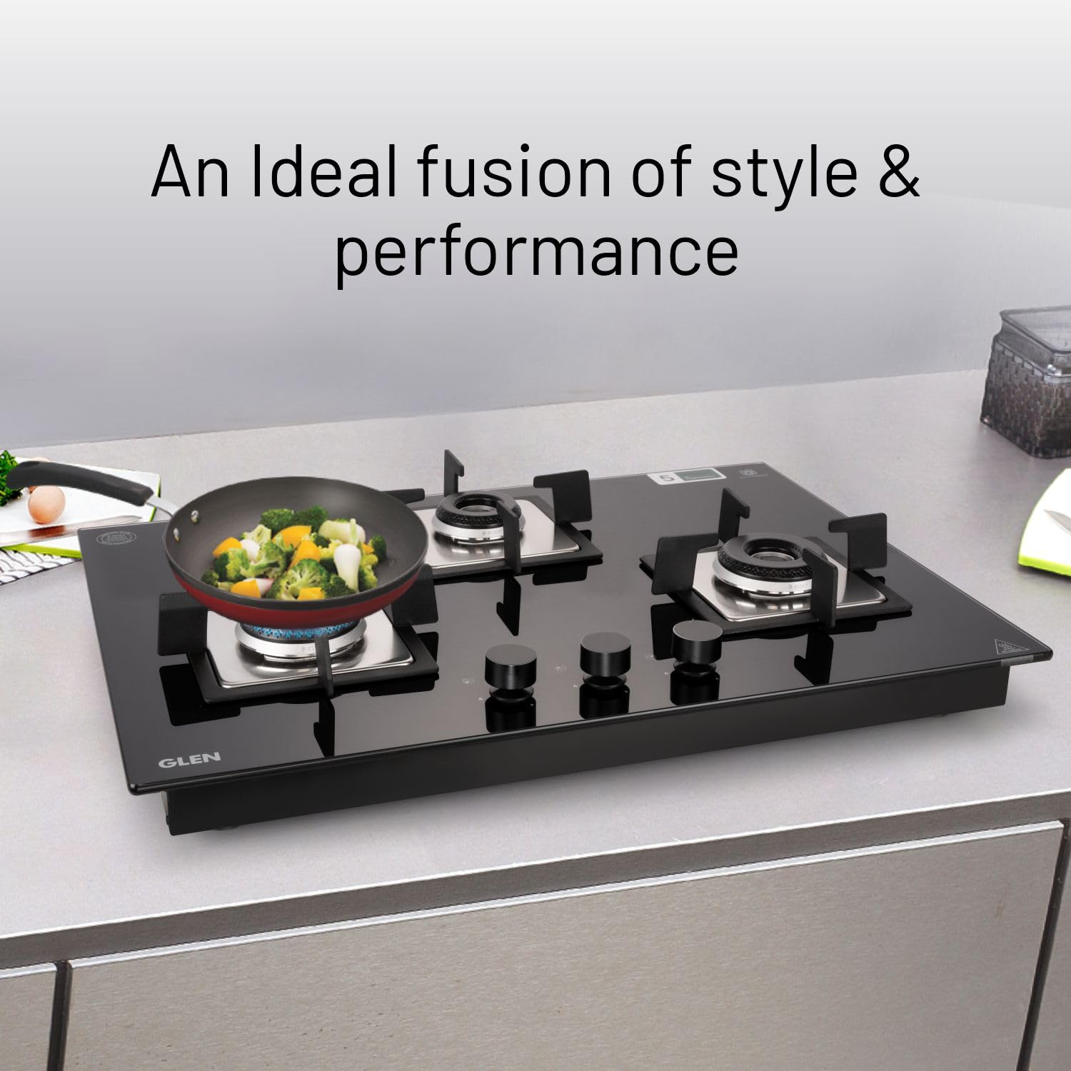 Glen Hob Top 3 Burner Built In Hob In Glass Hob Gas Stove 3 Burner Auto Ignition | 8 MM Toughened Glass | Italian Burner with Double Ring Flame Warranty 2 Years Standard (1073 SQ HT IN 70) 