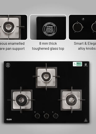 Glen Hob Top 3 Burner Built In Hob In Glass Hob Gas Stove 3 Burner Auto Ignition | 8 MM Toughened Glass | Italian Burner with Double Ring Flame Warranty 2 Years Standard (1073 SQ HT IN 70) 