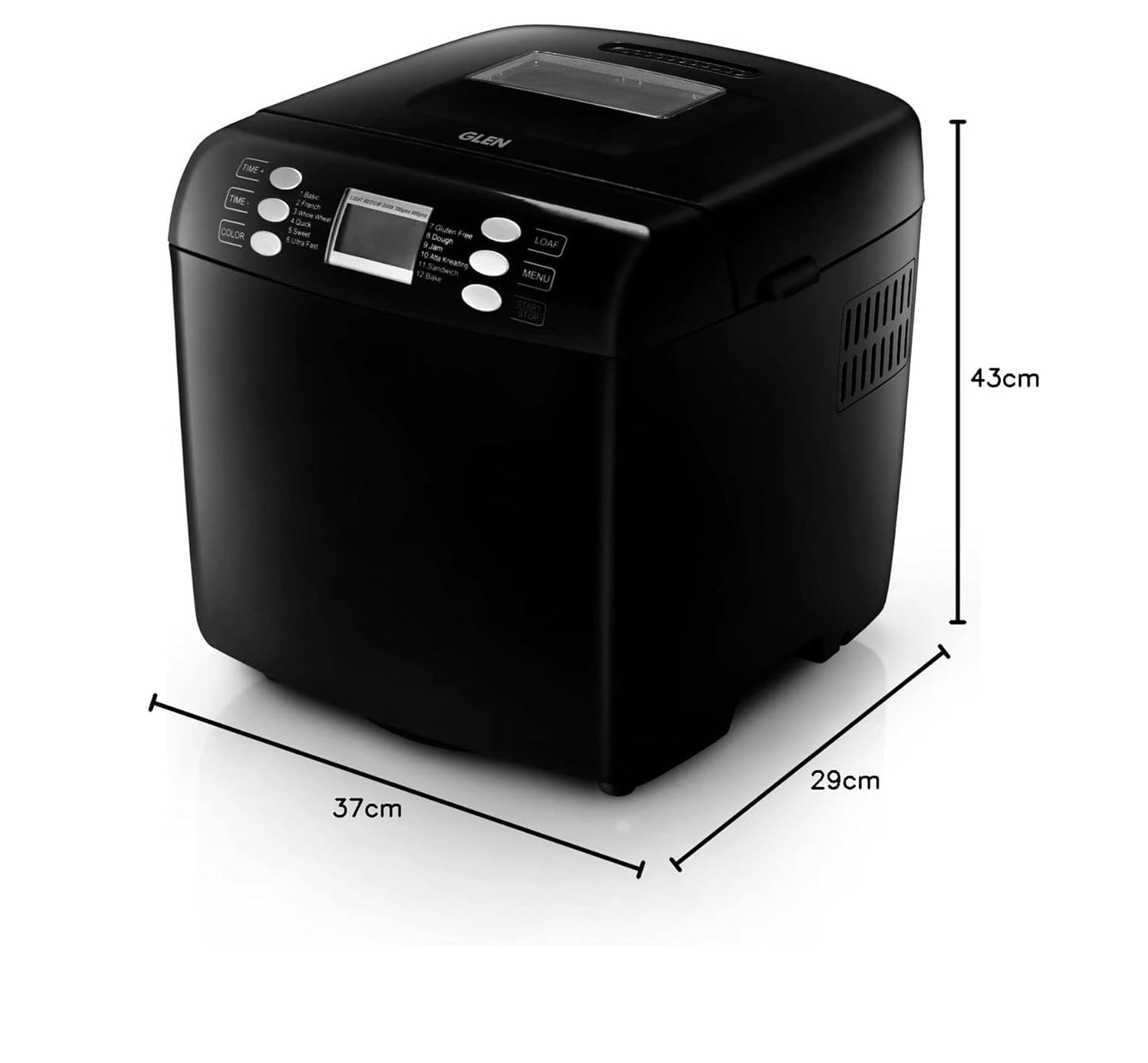 Glen Plastic Bread Maker & Atta Kneader Machine, Fully Automatic, 700-900Gm, With Time Delay Start & 12 Pre-Set Functions, Non-Stick Baking Pan, 3 Crust Setting, Electronic Controls, 550W-Black(3039) 