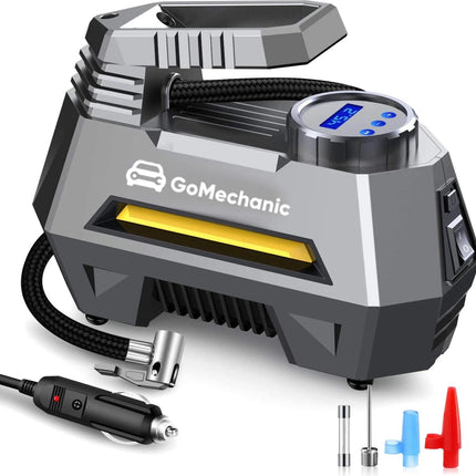 GoMechanic Digital Tyre Inflator for Car - 150 psi, 12V DC Portable Air Pump/Compressor with Digital Tyre Pressure Gauge, Suitable for Bikes, Bicycles or Any Inflatable With LED Light (Gusto T2) 