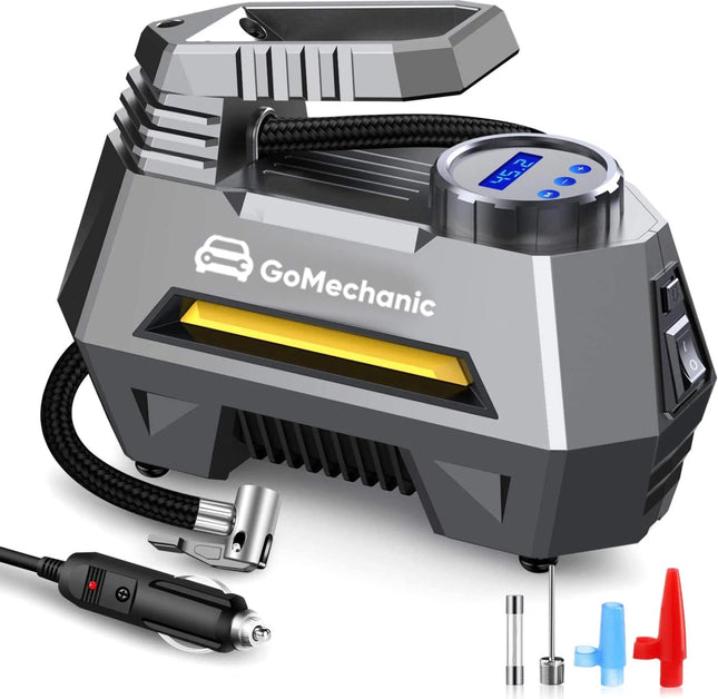 GoMechanic Digital Tyre Inflator for Car - 150 psi, 12V DC Portable Air Pump/Compressor with Digital Tyre Pressure Gauge, Suitable for Bikes, Bicycles or Any Inflatable With LED Light (Gusto T2) 