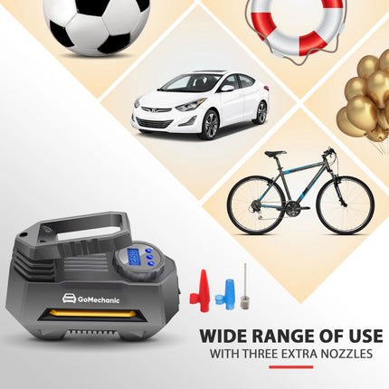 GoMechanic Digital Tyre Inflator for Car - 150 psi, 12V DC Portable Air Pump/Compressor with Digital Tyre Pressure Gauge, Suitable for Bikes, Bicycles or Any Inflatable With LED Light (Gusto T2) 