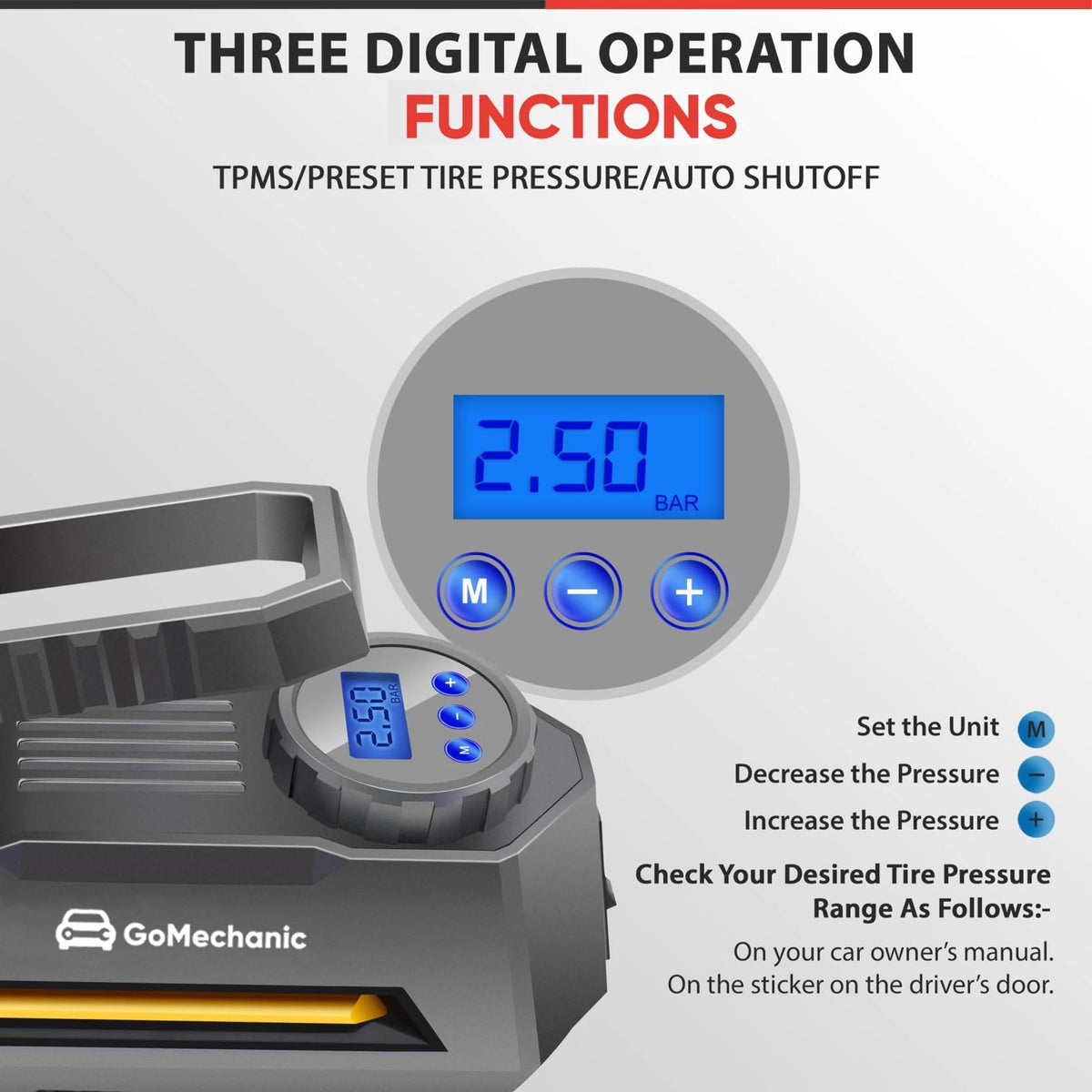 GoMechanic Digital Tyre Inflator for Car - 150 psi, 12V DC Portable Air Pump/Compressor with Digital Tyre Pressure Gauge, Suitable for Bikes, Bicycles or Any Inflatable With LED Light (Gusto T2) 
