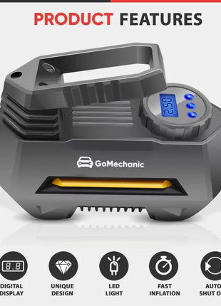 GoMechanic Digital Tyre Inflator for Car - 150 psi, 12V DC Portable Air Pump/Compressor with Digital Tyre Pressure Gauge, Suitable for Bikes, Bicycles or Any Inflatable With LED Light (Gusto T2) 