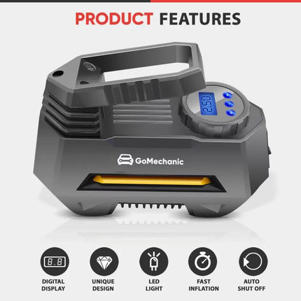 GoMechanic Digital Tyre Inflator for Car - 150 psi, 12V DC Portable Air Pump/Compressor with Digital Tyre Pressure Gauge, Suitable for Bikes, Bicycles or Any Inflatable With LED Light (Gusto T2) 