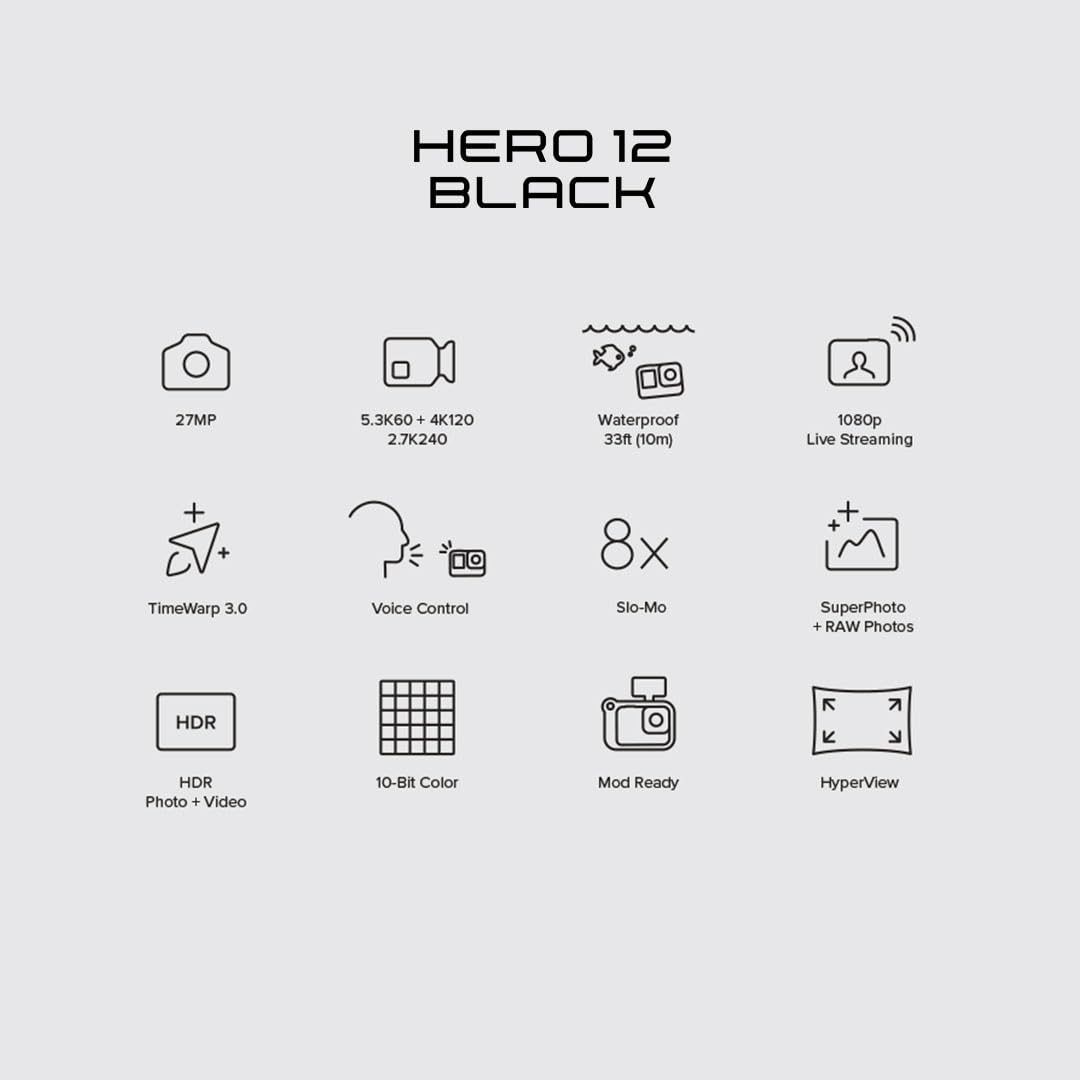 GoPro HERO12 Waterproof Action Camera with Front & Rear LCD Screens, 5.3K60 Ultra HD Video, HyperSmooth 6.0 + AutoBoost, Live Streaming with Enduro Battery (1-Yr International + 1-Yr India Warranty) 
