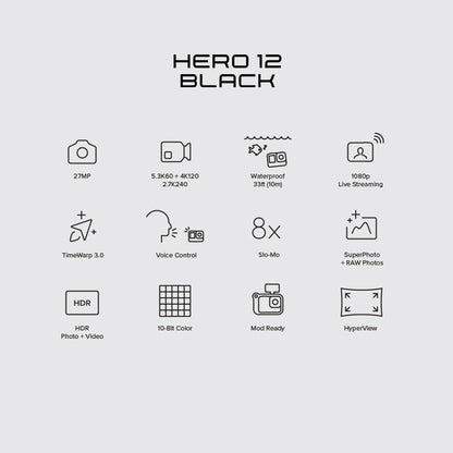 GoPro HERO12 Waterproof Action Camera with Front & Rear LCD Screens, 5.3K60 Ultra HD Video, HyperSmooth 6.0 + AutoBoost, Live Streaming with Enduro Battery (1-Yr International + 1-Yr India Warranty) 