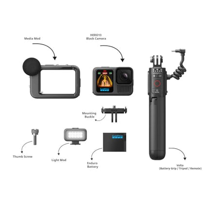 GoPro Hero13 Creator Edition Includes Hero13 Action Camera, 27 MP with Bluetooth, Volta, Media Mod, Built-in Mic, Light Mod, Magnetic Mount (1-Yr International+1-Yr India Warranty),Black 