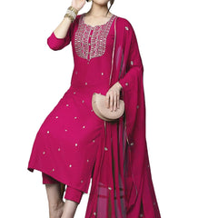 GoSriKi Women's Cotton Blend Embroidered Straight Kurta with Pant & Dupatta (Kasturi Pink-APL-GS_XL_Pink_X-Large) 