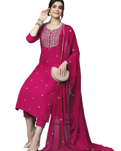 GoSriKi Women's Cotton Blend Embroidered Straight Kurta with Pant & Dupatta (Kasturi Pink-APL-GS_XL_Pink_X-Large) 