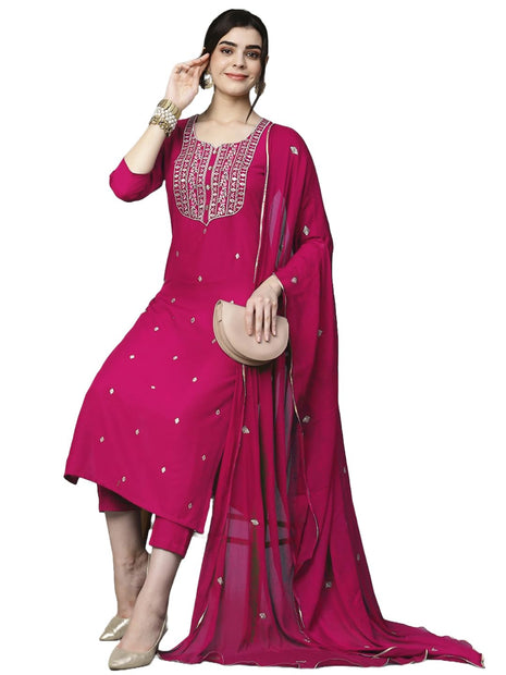 GoSriKi Women's Cotton Blend Embroidered Straight Kurta with Pant & Dupatta (Kasturi Pink-APL-GS_XL_Pink_X-Large) 