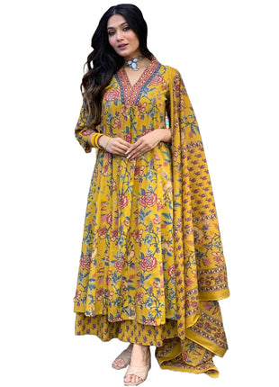 GoSriKi Women's Rayon Blend Anarkali Printed Kurta with Pant & Dupatta & Dupatta (CIA Yellow-GS_XL_Yellow_X-Large) 