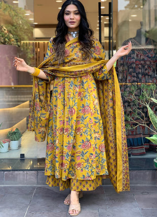 GoSriKi Women's Rayon Blend Anarkali Printed Kurta with Pant & Dupatta & Dupatta (CIA Yellow-GS_XL_Yellow_X-Large) 