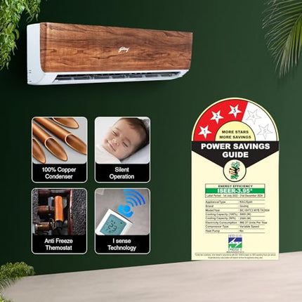 Godrej 1.5 Ton 3 Star, 5 Years Comprehensive Warranty, 5-In-1 Convertible Cooling, Wood Finish, Inverter Split AC (Copper, 4 Way Air Swing, AC 1.5T SIC 18VTC3 WYB TK, Teak Wood) 