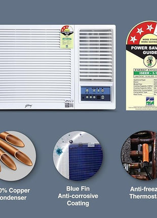 Godrej 1.5 Ton 3 Star, Turbo Mode Window AC (Copper, Anti-Dust Filter, Anti-Freeze Thermostat, 2024 Model, AC 1.5T WFC 18UTC3-WWB Window, White) 
